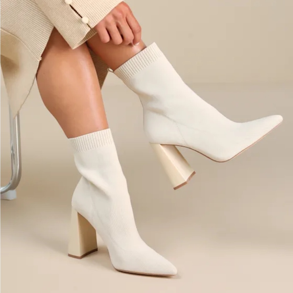 Lulus Feliciaa Almond Ribbed Knit Pointed-toe Sock Boots Beige - Size 6.5